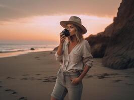 ai generativo fotografo prende un' immagine durante Alba a il spiaggia stile di vita concetto foto