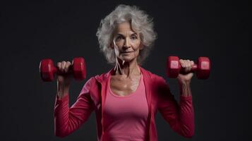 ai generativo ritratto di un' maturo donna nel abbigliamento sportivo esercizio con manubri a casa più vecchio femmina Palestra nel il appartamento concetto di quarantena Palestra e sport foto