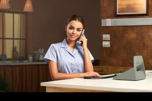 ai generativo bella asiatico addetto alla reception parlando su telefono a sua posto di lavoro foto