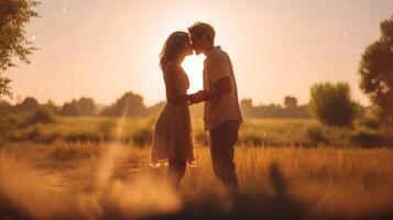 ai generativo romantico coppia nel amore siamo baci a tramonto all'aperto messa a fuoco su il uomo foto