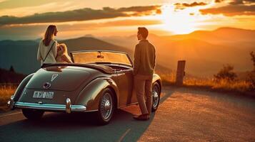 ai generativo romantico coppia godendo vacanze guida un' convertibile auto su il strada a tramonto persone affitto auto a vacanze trasporto persone e stile di vita foto
