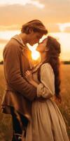 ai generativo romantico coppia baci a tramonto su un' Grano campo foto