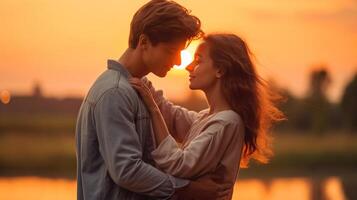 ai generativo romantico coppia baci all'aperto a tramonto fidanzato e fidanzata nel amore coccole al di fuori persone e amore concetto foto