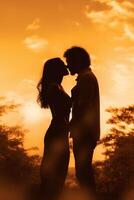 ai generativo romantico coppia baci al di fuori a tramonto fidanzato e fidanzata nel amore godendo intimità insieme amore concetto foto