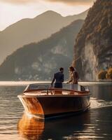 ai generativo romantico coppia su un' barca visitare un alpino lago a Braies Italia turista nel amore la spesa amorevole momenti insieme a autunno montagne concetto di viaggio coppia e vagabondare foto