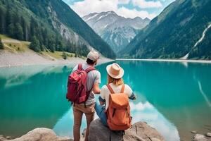 ai generativo romantico bacio di un' coppia di adulti visitare un alpino lago a Braies Italia turista nel amore la spesa amorevole momenti insieme a autunno montagne coppia voglia di girovagare e viaggio concep foto