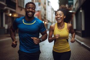 ai generativo in esecuzione coppia jogging formazione al di fuori su correre nero uomo e caucasico donna corridore e fitness sport su città strada esercizio jogging e sport concetto foto