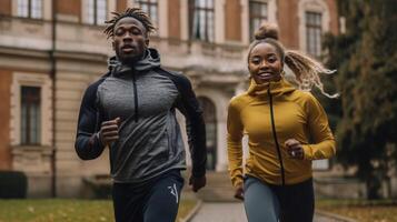 ai generativo in esecuzione coppia jogging formazione al di fuori su correre nero uomo e caucasico donna corridore e fitness sport su città strada esercizio jogging e sport concetto foto