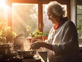 ai generativo anziano donna cucinando a casa utilizzando digitale tavoletta foto