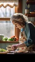 ai generativo anziano donna cucinando verdure a casa lettura un' ricetta su il tavoletta vecchio persone utilizzando tecnologia cucinando cibo foto