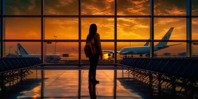 ai generativo silhouette di un' aeroporto a tramonto foto