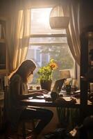 ai generativo silhouette di un' giovane bella donna Lavorando su il computer portatile potabile caffè nel il mattina su il letto a casa foto