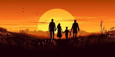 ai generativo silhouette di contento famiglia a piedi nel il prato a tramonto madre padre e bambino figlio avendo divertimento all'aperto godendo tempo insieme famiglia amore mentale Salute e contento stile di vita co foto