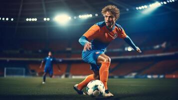 ai generativo calcio giocatore nel azione su il calcio stadio uomo giocando calcio su tramonto calcio e sport campionato concetto foto