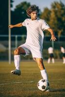 ai generativo calcio giocatore nel azione su il calcio stadio uomo giocando calcio su tramonto calcio e sport campionato concetto foto