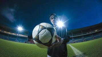 ai generativo calcio giocatore è formazione solo a il stadio a tramonto concetto di calcio sport persone e stile di vita foto