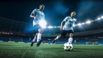 ai generativo calcio giocatore giocando calcio su stadio concetto di sport concorrenza movimento superamento foto