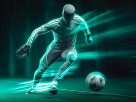 ai generativo calcio giocatore giocando calcio su stadio concetto di sport concorrenza movimento superamento foto