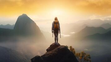 ai generativo successo donna escursionista escursioni a piedi su Alba montagna picco giovane donna con zaino salire per il montagna superiore scoperta viaggio destinazione concetto foto