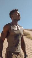 ai generativo assetato attraente atletico africano uomo potabile fresco acqua dopo allenarsi foto