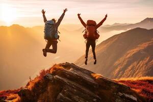 ai generativo Due escursionisti salto su il superiore di il montagna raccolta braccia su godendo tramonto valle Visualizza foto