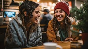 ai generativo Due giovane donne avendo divertimento potabile caffè a il bar foto