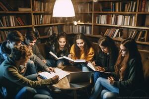 ai generativo Università studenti seduta a tavolo con libri e il computer portatile millenario persone studiando insieme nel biblioteca vita stile concetto con ragazzi e ragazze avendo divertimento nel Università città universitaria foto