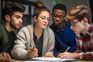 ai generativo Università studenti studiando insieme interno multirazziale giovane persone Lavorando su scuola Incarico nel un' biblioteca formazione scolastica e gioventù cultura concetto foto