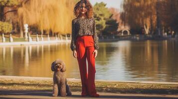 ai generativo giovane e bellissimo donna assunzione un' autoscatto con sua cane a il parco contento ragazza giocando con sua barboncino cane a il parco foto