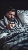 ai generativo giovane uomo utilizzando inteligente Telefono mobile del Millennio tipo con cellulare dire bugie su letto a casa tecnologia e persone concetto foto