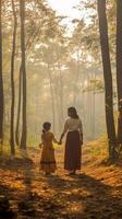 ai generativo giovane donna Tenere uomo mano a piedi e conduce in il foresta a tramonto Seguire me viaggio concetto foto