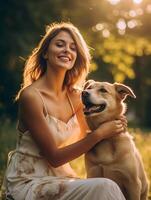 ai generativo giovane donna giocando con sua cane nel il parco a tramonto proprietario avendo divertimento con suo animale domestico al di fuori animale e umano amore foto