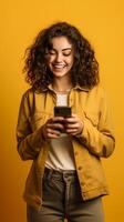 ai generativo giovane donna assunzione un' autoscatto con inteligente Telefono mobile su un' giallo sfondo del Millennio ragazza utilizzando cellula Telefono interno foto