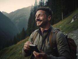 ai generativo escursionista guardare a il suo smartphone durante il suo giro nel il foresta caucasico persone persone stile di vita natura e tecnologia concetto foto