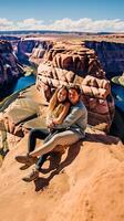 ai generativo giovane coppia ride mentre fare un' autoscatto in il mille dollari canyon caucasico persone persone stile di vita e natura concetto foto