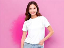 giovane donna indossare vuoto bianca maglietta modello Stampa presentazione modello, ai generato foto
