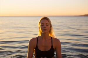 ai generato ritratto calma contento bellissima europeo donna signora femmina occhi chiuso nuoto costume da bagno oceano acqua di mare rilassante riposo praticante yoga meditando. mentale Salute fine settimana vacanze corpo cura foto