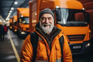 ai generato logistica centro carico camion mezzi di trasporto spedizione camion consegna nolo strada. ritratto uomo autista guida camion auto pronto viaggio. vettore magazzino Conservazione veicolo caricare spedizione foto