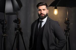 ai generato ritratto bello fiducioso elegante caucasico uomo maschio tipo moda modello in posa elegante Abiti guardare digitale telecamera moderno studio assunzione foto. professionale fotografo sessione foto