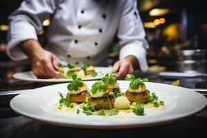 ai generato maestro capocuoco cucinare uomo mani precisamente cucinando condimento preparazione gustoso fresco delizioso acquolina in bocca buongustaio piatto cibo su piatto per i clienti 5 stelle Michelin ristorante cucina avvicinamento foto