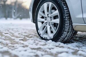 ai generato inverno pneumatico coperto nel neve nevoso strada ghiaccio ghiacciato auto ruota guidare sicurezza sicuro guida mezzi di trasporto condizione modificare veicolo auto scivoloso Pericolo brina protezione clima pericoloso fuori strada foto