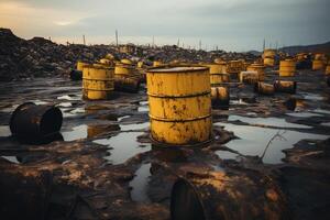 ai generato olio benzina inquinamento tossico industriale chimico rifiuto ambientale disastro ecologia problema vita minaccia Pericolo metallo botti contenitori fabbrica carburante cumulo di rifiuti contenitore arrugginito acciaio benzina foto