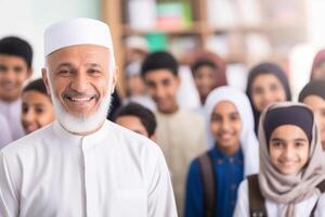 ai generato contento allegro anziano maschio uomo Arabo musulmano insegnante allenatore professoressa sorridente insieme gruppo alunno bambini scolari allievi formazione scolastica attività. Università classe lezione studia emozioni foto