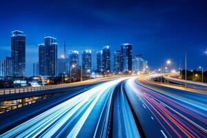 ai generato notte città traffico sfocato macchine lungo esposizione luci sera autostrada corsia movimento veloce transito auto movimento auto illuminato veicolo mezzi di trasporto strada alto velocità leggero sentieri astratto foto