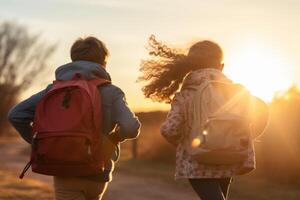 ai generato primo giorno elementare scuola gruppo poco bambini scolari allievi studenti insieme andando Università classe lezione studia imparare zaini indietro Visualizza. nuovo accademico semestre anno inizio primario foto