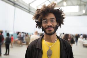 ai generato ritratto elegante allegro sorridente africano americano indiano uomo d'affari maschio tipo alunno guardare telecamera in casa Università città universitaria. aula incontro accademico Università formazione scolastica alto scuola foto