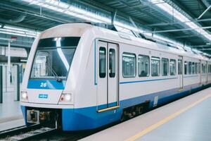 ai generato moderno metropolitana treno metropolitana mezzi di trasporto pubblico transito pulito la metropolitana stazione piattaforma città viaggio turismo ferrovia alto velocità futuristico in movimento tubo passeggeri treni esprimere terminale foto