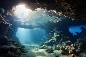 ai generato bellissimo antico acquatico vita paesaggio in profondità subacqueo corallo scogliera luce del sole penetrare grotte tuffo mare autorespiratore esplorando analisi ricerca pesce. atlantico oceano fondale marino acquoso abisso foto