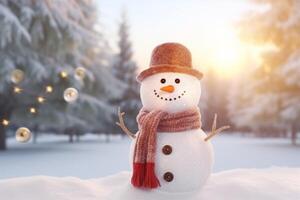 ai generato Natale inverno sorridente contento pupazzo di neve gelido neve nuovo anno celebrazione vacanza carino decorazione saluto dicembre vigilia viso divertente bianca palla di neve con sciarpa cappello carota natale festa brillante foto