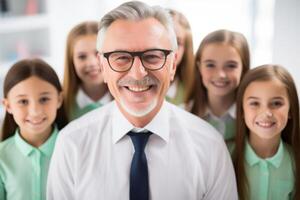 ai generato contento gioioso insegnante gruppo bambini ragazze scolari allievi studenti sorridente in piedi insieme ritratto. moderno elementare scuola classe lezione studia imparare disconnesso formazione scolastica riconoscimento foto